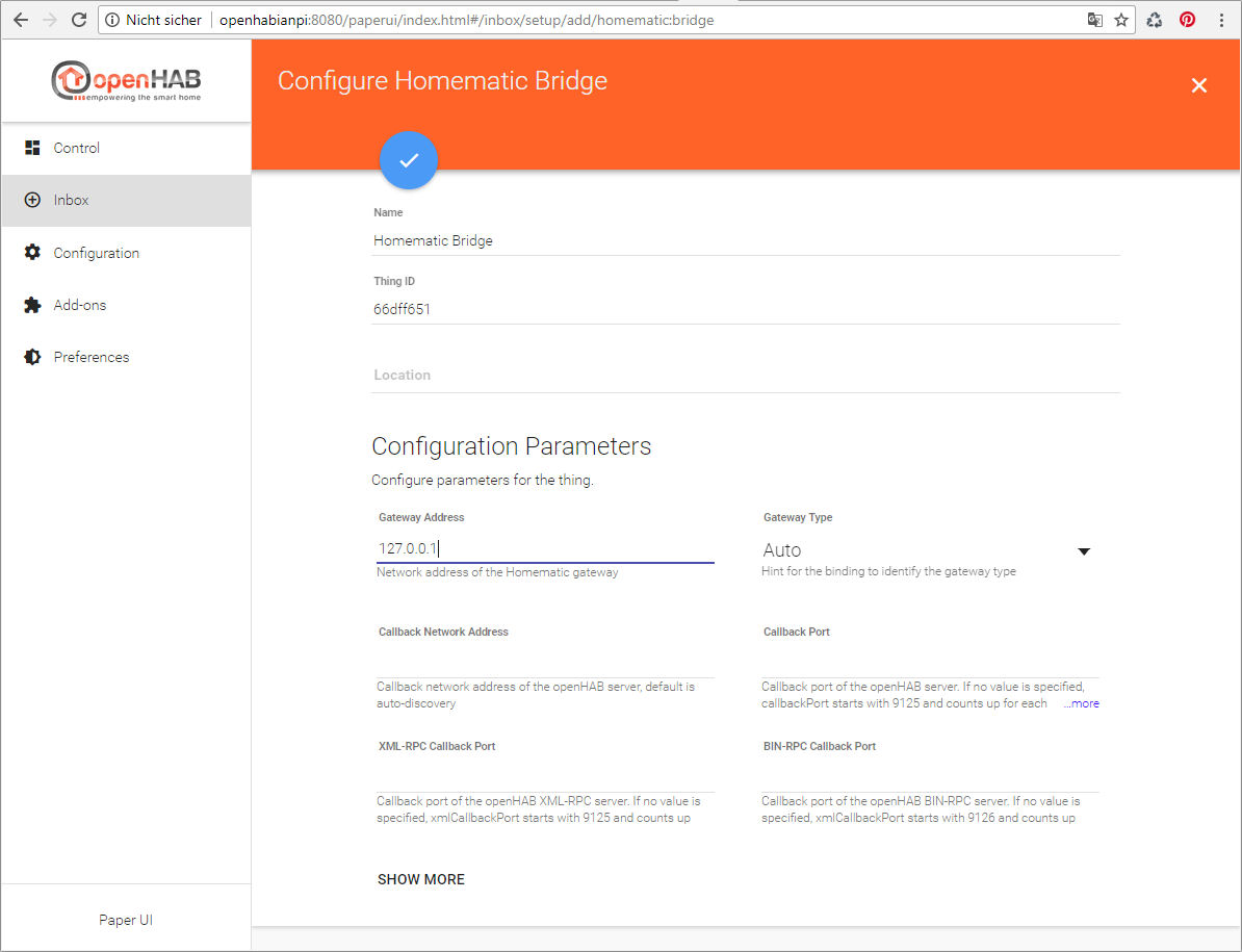 OpenHab HomeMatic Bridge Einstellungen